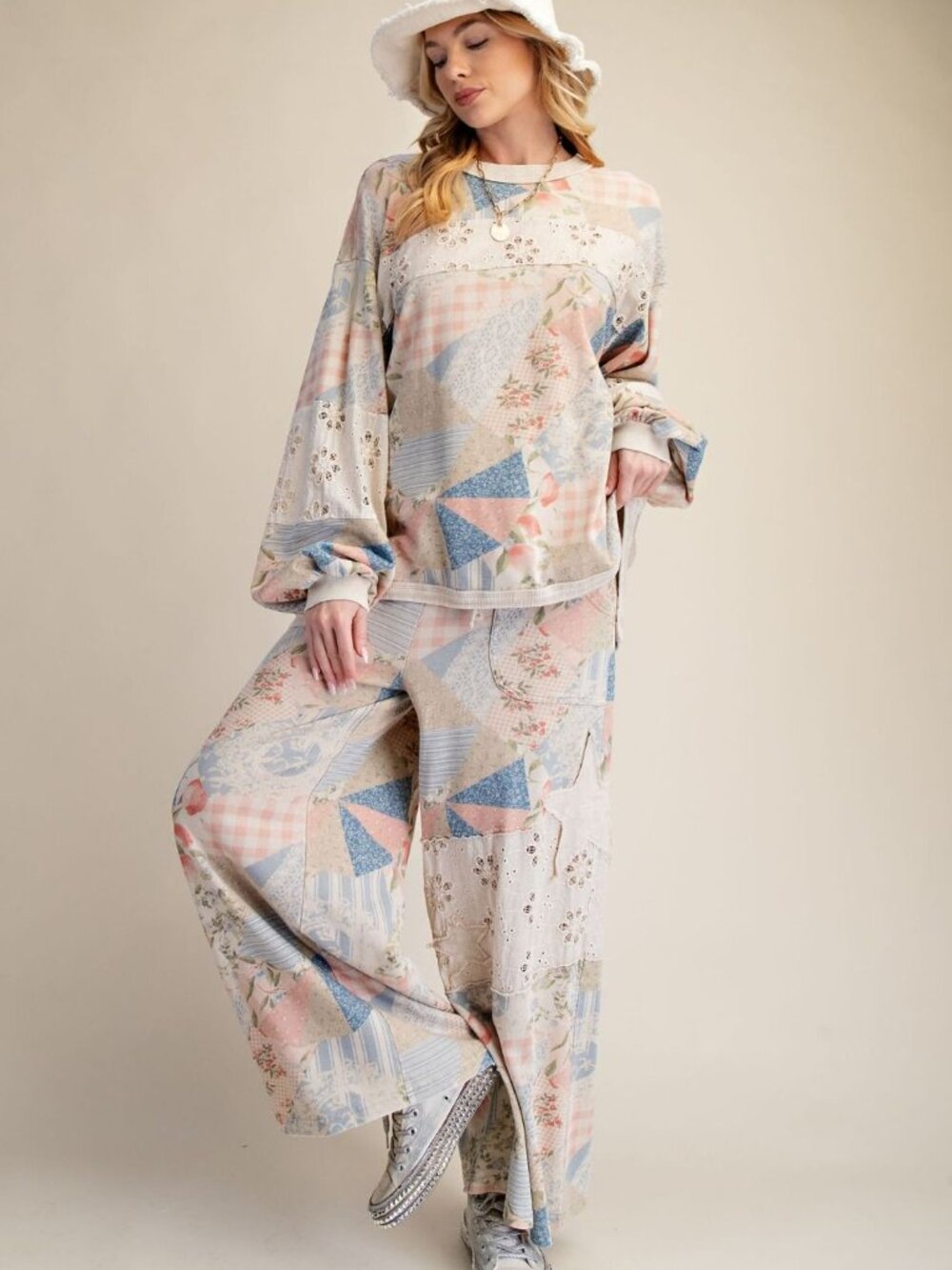 EASEL PATCHWORK PRINT WASHED COTTON TERRY TOP PANTS SET white blue pink lounge - Picture 2 of 9